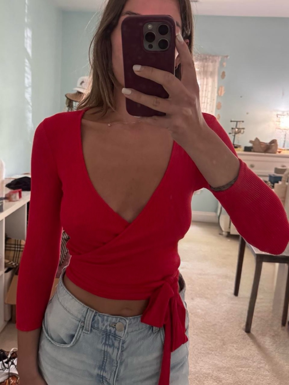 Forever 21 red ribbed cropped long sleeve wrap top- Size M